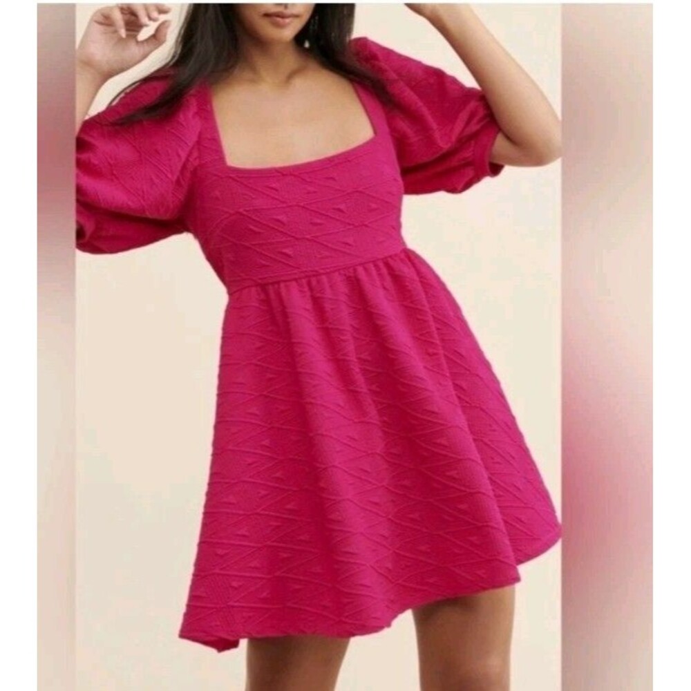Free People XS Fuschia Pink Lily Mini Babydoll Dress Open Tie Back Puff Sleeve